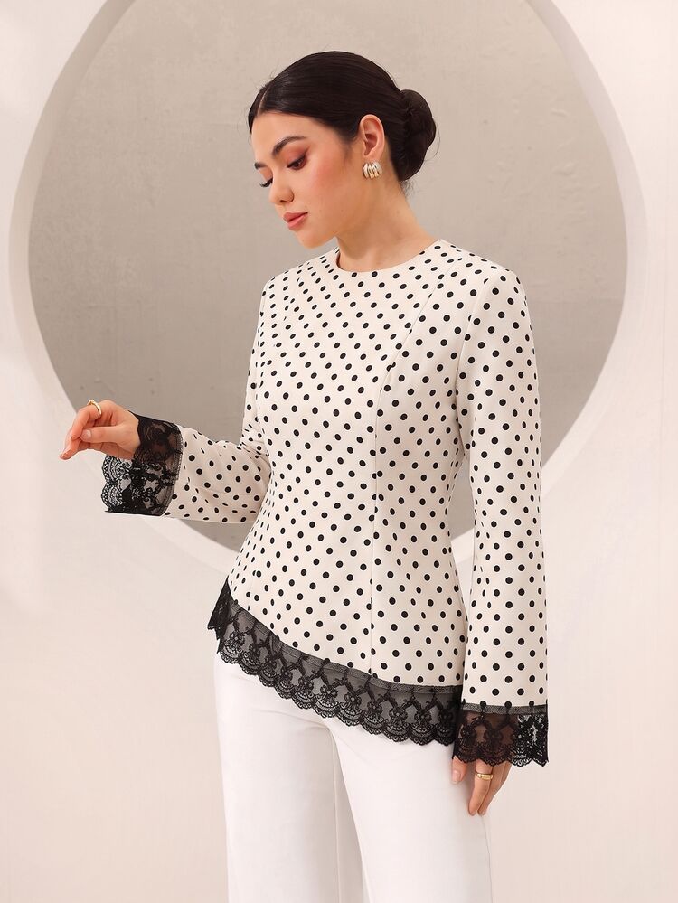 Graceveil Women's White And Black Polka Dot Lace Patchwork Slim Fit Versatile Daily Office Teachers' Day Blouse Autumn Elegant - Apricot - View 4