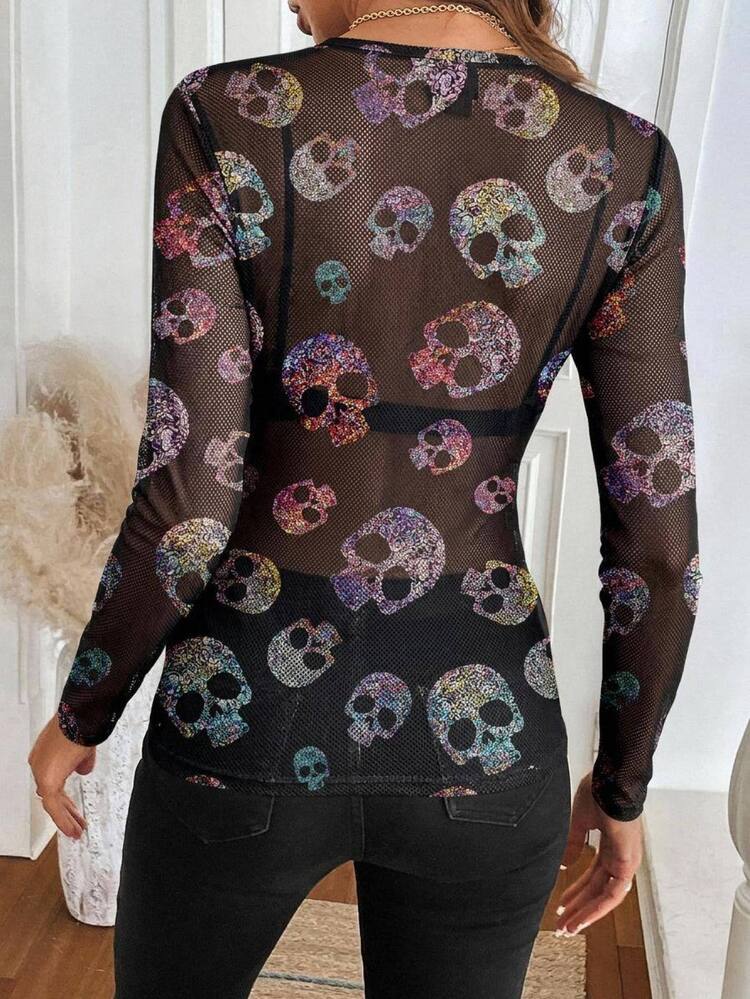 SHEIN LUNE Skeleton Halloween Goblin Print Round Neck Vintage Print Mesh Fabric Casual Commute Elegant Streetwear Autumn/Winter Slim Fit Women's Top - Multicolor - View 2