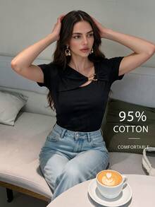 Anewsta 女款優雅 95% 棉黑色不對稱領口短袖修身 T 恤，簡約休閒百搭，適合夏秋季節 - 黑色 - 查看 7