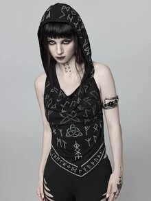 ROMWE Goth Top de tirantes halter sexy sin espalda con cordones y estampado integral de patrón de runas góticas oscuras - Negro - Ver 5