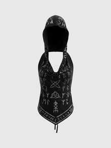 ROMWE Goth Top de tirantes halter sexy sin espalda con cordones y estampado integral de patrón de runas góticas oscuras - Negro - Ver 7