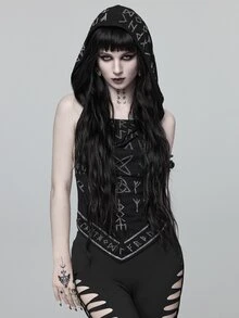 ROMWE Goth Top de tirantes halter sexy sin espalda con cordones y estampado integral de patrón de runas góticas oscuras - Negro - Ver 4