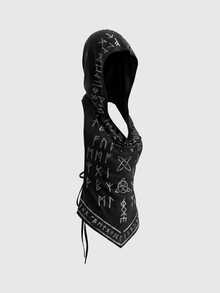 ROMWE Goth Top de tirantes halter sexy sin espalda con cordones y estampado integral de patrón de runas góticas oscuras - Negro - Ver 8