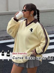 SHEIN CURVE+ 大尺碼女款秋冬保暖內裡拼色織帶刺繡寬鬆 Polo 領運動衫 - 彩色 - 查看 1