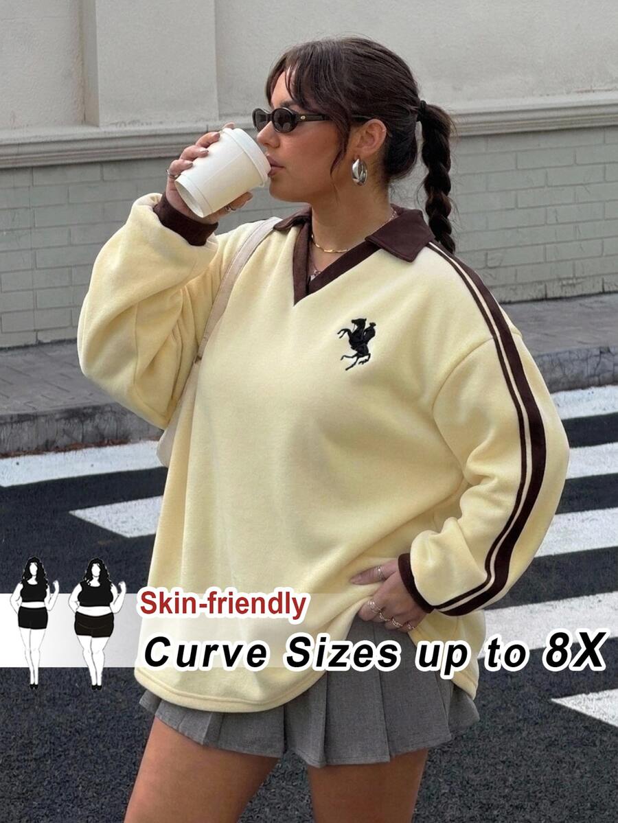 SHEIN CURVE+ 大尺碼女款秋冬保暖內裡拼色織帶刺繡寬鬆 Polo 領運動衫 - 彩色 - 查看 1