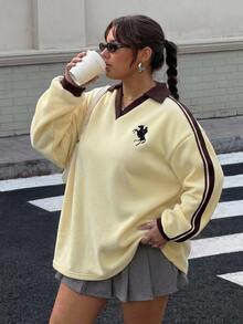 SHEIN CURVE+ 大尺碼女款秋冬保暖內裡拼色織帶刺繡寬鬆 Polo 領運動衫 - 彩色 - 查看 7