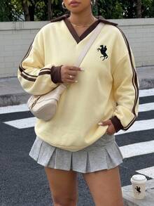 SHEIN CURVE+ 大尺碼女款秋冬保暖內裡拼色織帶刺繡寬鬆 Polo 領運動衫 - 彩色 - 查看 3