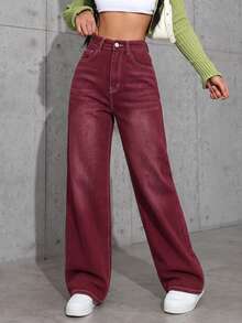 SHEIN EZwear Casual Washed Straight Leg Denim Jeans - Red - View 7