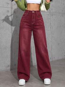 SHEIN EZwear Casual Washed Straight Leg Denim Jeans - Red - View 4