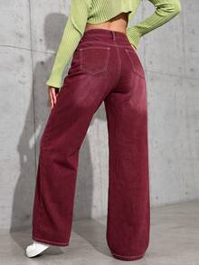 SHEIN EZwear Casual Washed Straight Leg Denim Jeans - Red - View 2