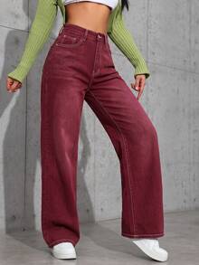 SHEIN EZwear Casual Washed Straight Leg Denim Jeans - Red - View 6