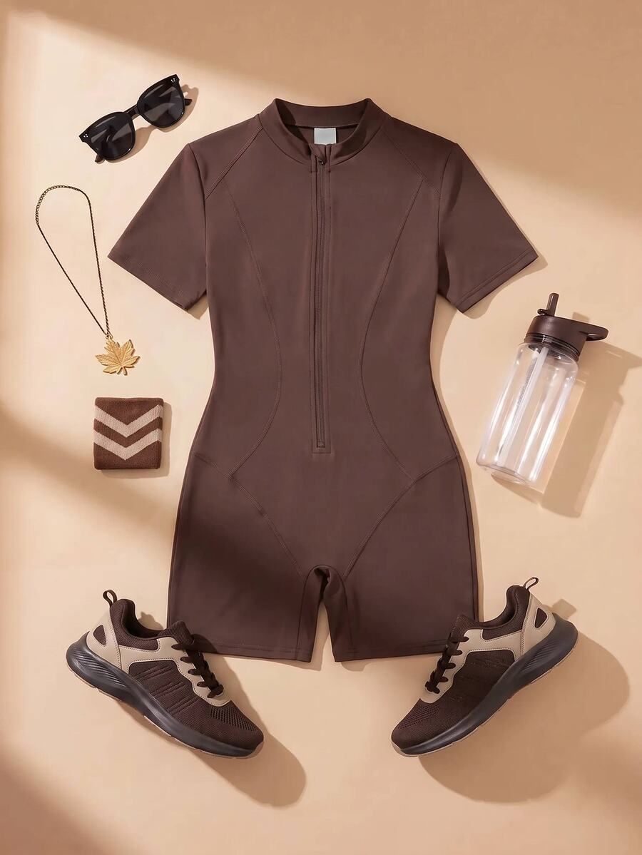 SHEIN Cheerettes 純色短袖修身運動連身褲