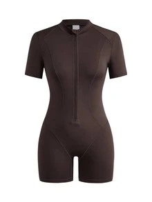 SHEIN Cheerettes Women's  Solid Color Short Sleeve Fitted Athletic Romper Brown Buttery Soft Stretch Fabric Front Zip Squat Proof Tummy Control Booty Lift Gym Yoga Ent - Coffee Brown - View 4