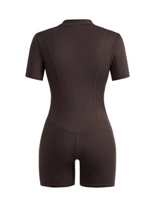 SHEIN Cheerettes Women's  Solid Color Short Sleeve Fitted Athletic Romper Brown Buttery Soft Stretch Fabric Front Zip Squat Proof Tummy Control Booty Lift Gym Yoga Ent - Coffee Brown - View 5