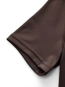 SHEIN Cheerettes Women's  Solid Color Short Sleeve Fitted Athletic Romper Brown Buttery Soft Stretch Fabric Front Zip Squat Proof Tummy Control Booty Lift Gym Yoga Ent - Coffee Brown - View 7