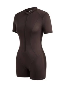 SHEIN Cheerettes Women's  Solid Color Short Sleeve Fitted Athletic Romper Brown Buttery Soft Stretch Fabric Front Zip Squat Proof Tummy Control Booty Lift Gym Yoga Ent - Coffee Brown - View 9