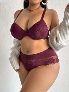 Bare Chapter Conjunto de 2 piezas de sujetador con aros y bragas de encaje patchwork para mujer, talla grande, color púrpura-rojo - Morado - Ver 3