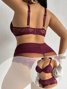 Bare Chapter Conjunto de 2 piezas de sujetador con aros y bragas de encaje patchwork para mujer, talla grande, color púrpura-rojo - Morado - Ver 2