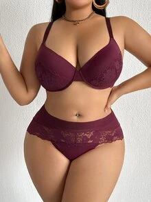 Bare Chapter Conjunto de 2 piezas de sujetador con aros y bragas de encaje patchwork para mujer, talla grande, color púrpura-rojo - Morado - Ver 4