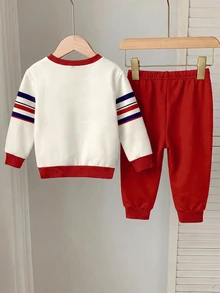 Infant Toddler Round Neck Casual Comfortable Set, Classic Retro Striped Pattern Print, Exquisite Logo Pattern Print, Suitable For School Baby Autumn - Multicolor - View 3