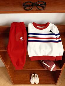 Infant Toddler Round Neck Casual Comfortable Set, Classic Retro Striped Pattern Print, Exquisite Logo Pattern Print, Suitable For School Baby Autumn - Multicolor - View 2