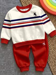 Infant Toddler Round Neck Casual Comfortable Set, Classic Retro Striped Pattern Print, Exquisite Logo Pattern Print, Suitable For School Baby Autumn - Multicolor - View 1