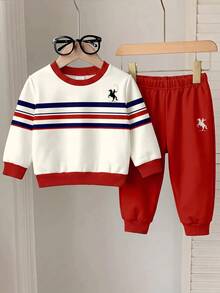 Infant Toddler Round Neck Casual Comfortable Set, Classic Retro Striped Pattern Print, Exquisite Logo Pattern Print, Suitable For School Baby Autumn - Multicolor - View 4