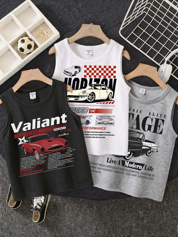 Tween Boys' Casual Sleeveless Tops, Classic Cool Racing Culture Graphic Print, Vintage Race Car Pattern Print Tank Tops