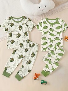Young Boy Casual Minimalist Snug Fit Comfortable Crew Neck Short Sleeve Long Pants Loungewear Set, 4-Piece Set, - Multicolor - View 1