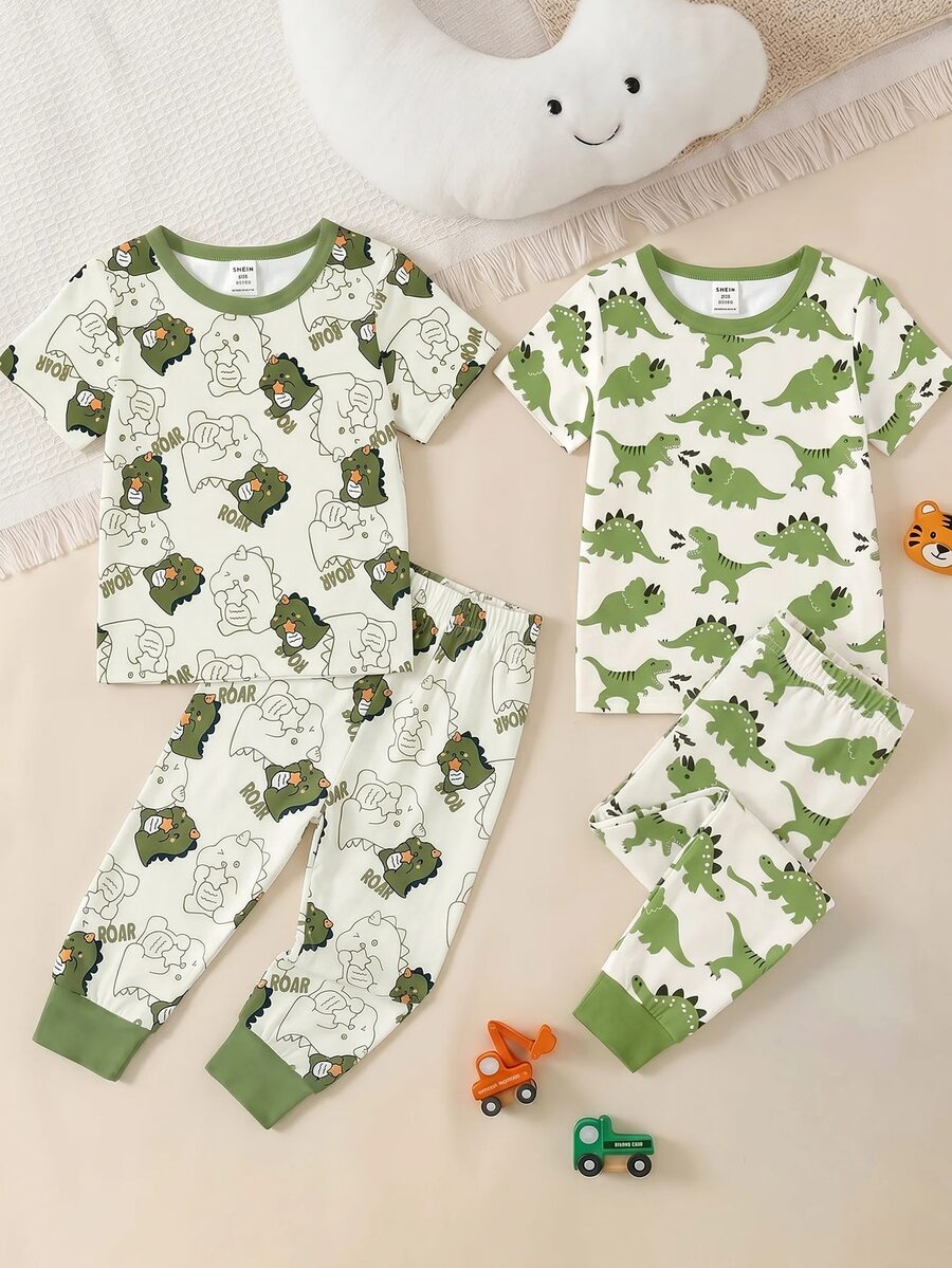 Young Boy Casual Minimalist Snug Fit Comfortable Crew Neck Short Sleeve Long Pants Loungewear Set, 4-Piece Set, - Multicolor - View 1