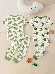 Young Boy Casual Minimalist Snug Fit Comfortable Crew Neck Short Sleeve Long Pants Loungewear Set, 4-Piece Set, - Multicolor - View 2