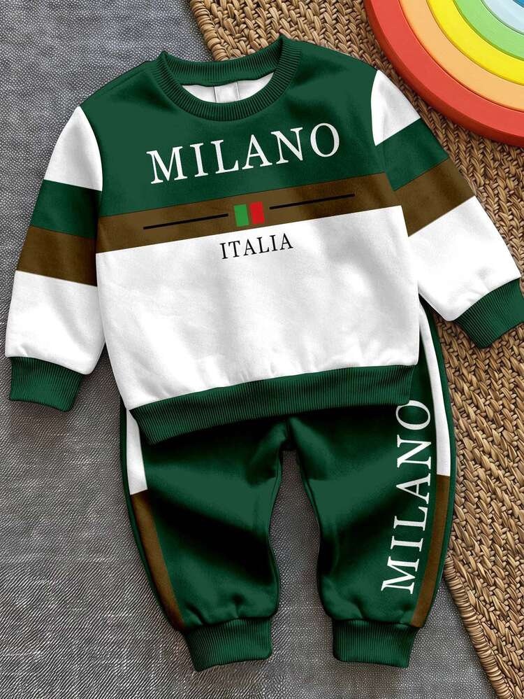 Young Boys Loose Fit Sports Casual Comfortable Long Sleeve Sweatshirt And Pants 2-Piece Set, Classic City Milan Text Pattern Print - Multicolor - View 1