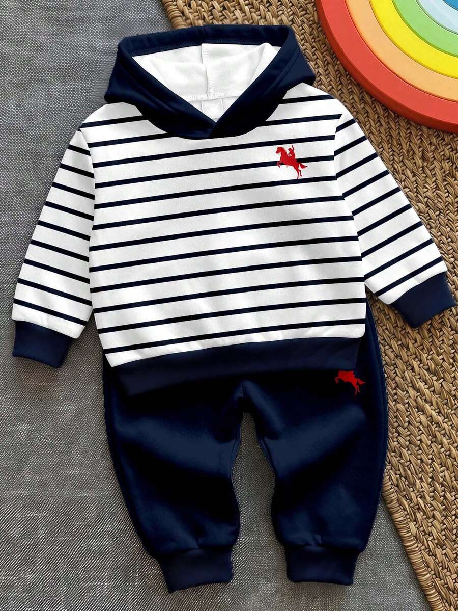 Young Boys Casual Minimalist Loose Fit Sporty Hoodie & Sweatpants 2-Piece Set, Suitable For Autumn/Winter, Classic Navy Stripe Pattern Print, Exquisite Small Horse Rider Logo Print - Multicolor - View 1