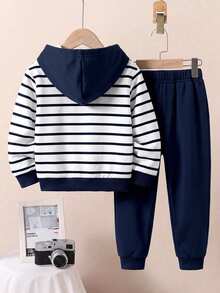 Young Boys Casual Minimalist Loose Fit Sporty Hoodie & Sweatpants 2-Piece Set, Suitable For Autumn/Winter, Classic Navy Stripe Pattern Print, Exquisite Small Horse Rider Logo Print - Multicolor - View 4