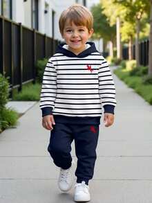 Young Boys Casual Minimalist Loose Fit Sporty Hoodie & Sweatpants 2-Piece Set, Suitable For Autumn/Winter, Classic Navy Stripe Pattern Print, Exquisite Small Horse Rider Logo Print - Multicolor - View 2