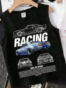 Young Boy Casual Multi-Piece Tank Top Set, Suitable For Summer, Classic Cool Racing Culture Graphic Print, Vintage Racing Pattern Print - Multicolor - View 2