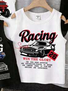 Young Boy Casual Multi-Piece Tank Top Set, Suitable For Summer, Classic Cool Racing Culture Graphic Print, Vintage Racing Pattern Print - Multicolor - View 3