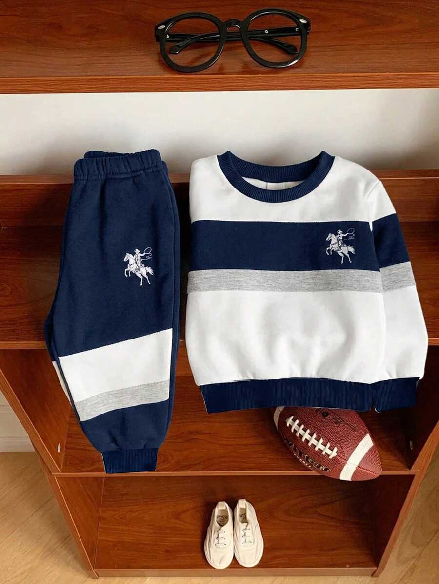 Setelan 2 Potong Baju Olahraga Kasual Longgar Nyaman untuk Anak Laki-Laki, Lengan Panjang dan Celana, Motif Garis-Garis Klasik Retro, Cetakan Logo Penunggang Kuda Kecil yang Indah, Cocok untuk Musim Gugur/Dingin, Musim Kembali ke Sekolah - MultiWarna - View 1