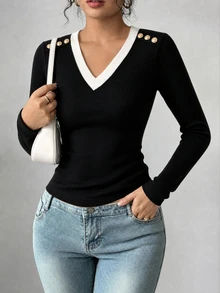 Elenzga Autumn New Cashmere V-Neck Contrast Collar Slim Fit Elegant Commute Women's Base Layer Brushed Top - Black - View 3