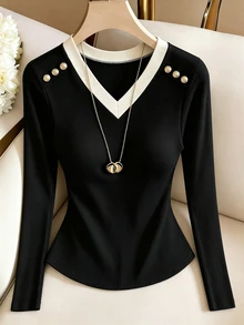 Elenzga Autumn New Cashmere V-Neck Contrast Collar Slim Fit Elegant Commute Women's Base Layer Brushed Top - Black - View 2