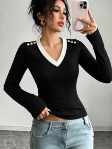 Elenzga Autumn New Cashmere V-Neck Contrast Collar Slim Fit Elegant Commute Women's Base Layer Brushed Top - Black - View 1