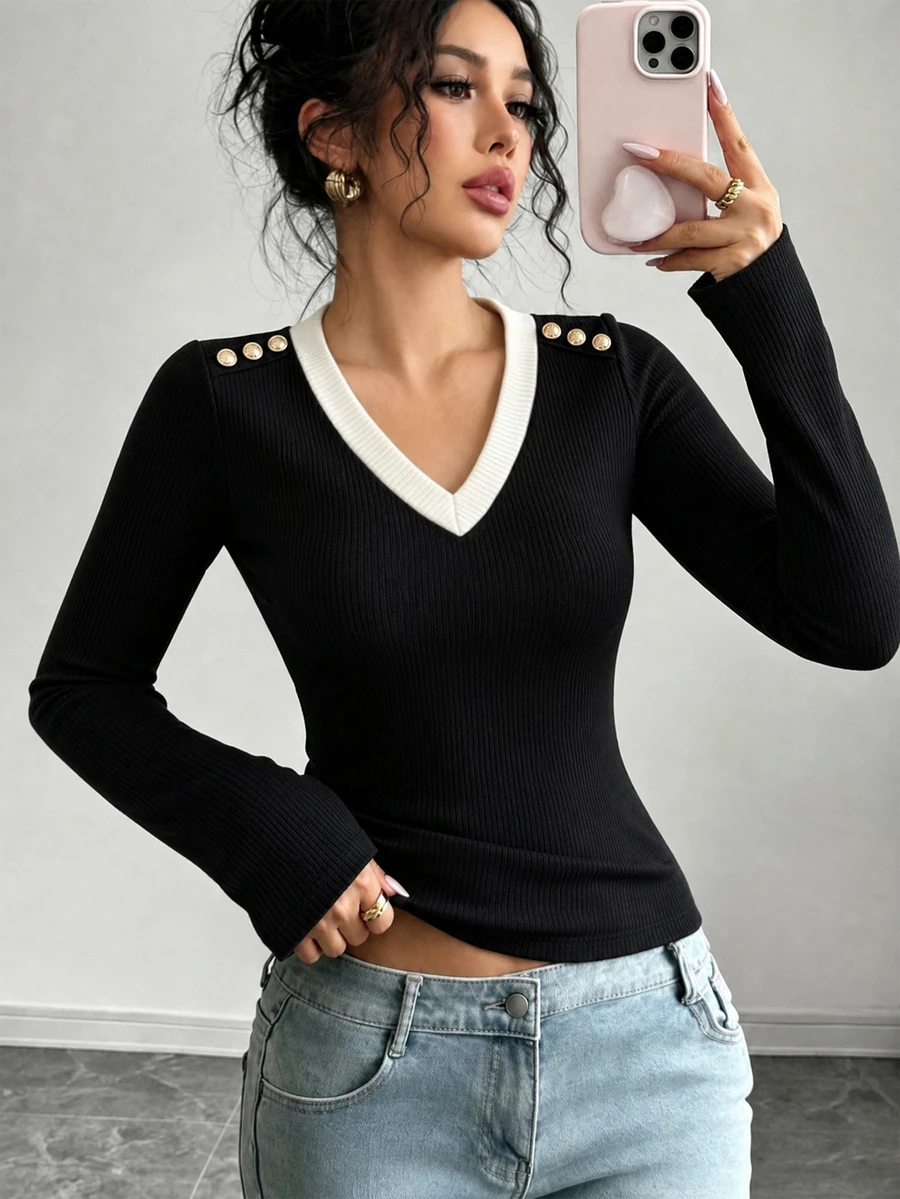 Elenzga Autumn New Cashmere V-Neck Contrast Collar Slim Fit Elegant Commute Women's Base Layer Brushed Top - Black - View 1
