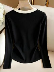 Elenzga Autumn New Cashmere V-Neck Contrast Collar Slim Fit Elegant Commute Women's Base Layer Brushed Top - Black - View 4