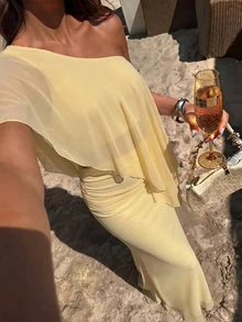 Glamine 優雅派對純色不對稱上衣與超長裙 2 件套裝 - 黃色 - 查看 2