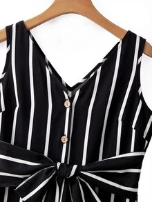 SHEIN 女款黑白條紋編織領結V領無袖側開衩休閒優雅度假長洋裝，春夏花園派對早午餐穿搭 - 黑色 - 查看 6