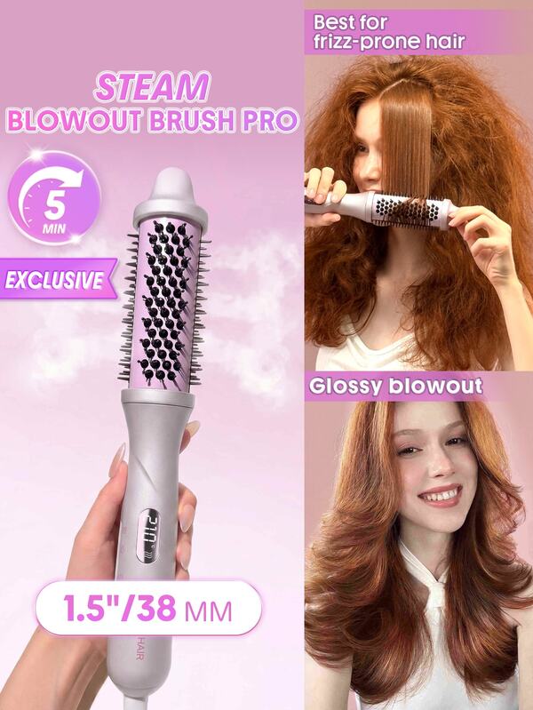 SHEGLAM HAIR Hydra Shot Steam Blowout Brush Pro 1.5"/38mm,Steam Thermal Brush,Hot Air Styler,Scald-Proof Nano-Steam,9 Temps & 3 Steam Levels,Fast Heating & Less Damage,Anti-Frizz & Long-Last,Universal Voltage For All Hair Types