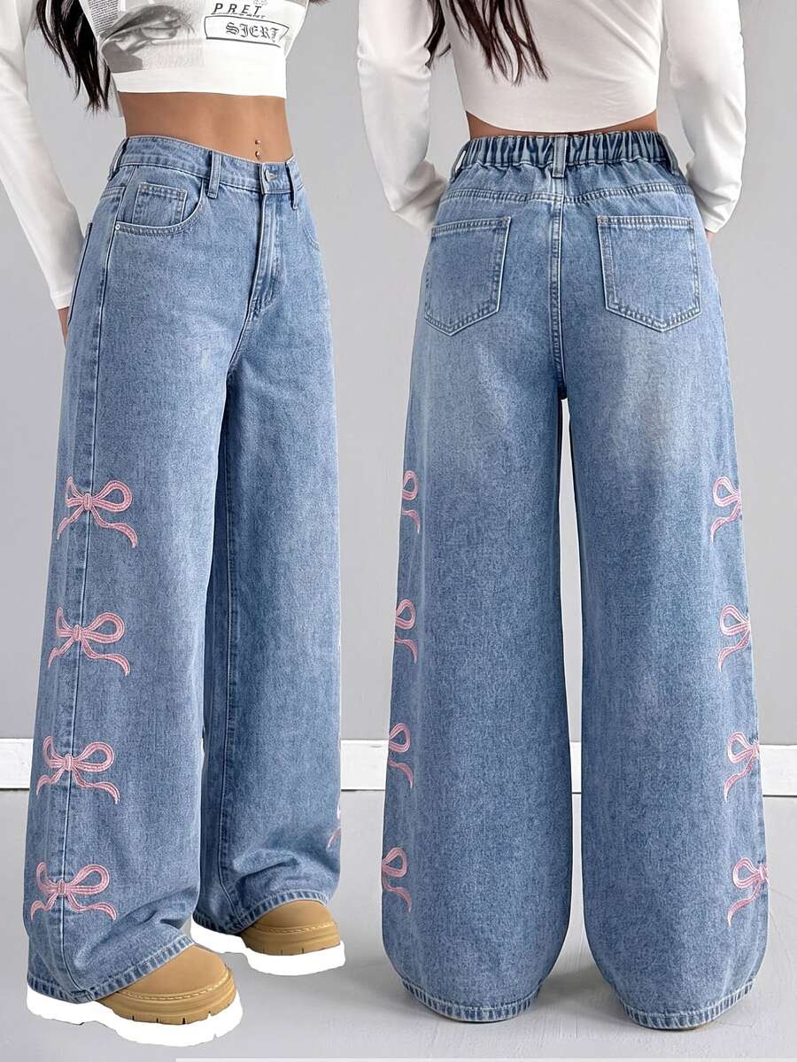 SHEIN Teen Girl Y2k Loose And Comfortable Side-Sewn Pink Bow-Knotted Embroidered Pattern Wide-Leg Jeans - Blue - View 1