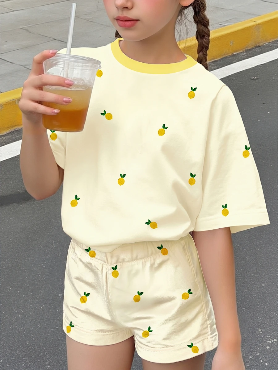 2pcs/Set Tween Girls Butter Yellow Retro Lemon Print Contrast Collar Short Sleeve T-Shirt And Shorts Set,Cute Summer Vacation Outing Holiday Wear - Multicolor - View 1