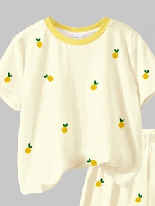 2pcs/Set Tween Girls Butter Yellow Retro Lemon Print Contrast Collar Short Sleeve T-Shirt And Shorts Set,Cute Summer Vacation Outing Holiday Wear - Multicolor - View 4
