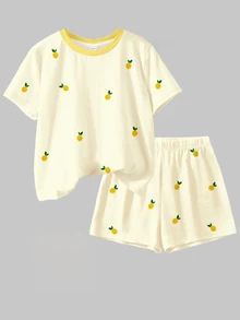 2pcs/Set Tween Girls Butter Yellow Retro Lemon Print Contrast Collar Short Sleeve T-Shirt And Shorts Set,Cute Summer Vacation Outing Holiday Wear - Multicolor - View 3